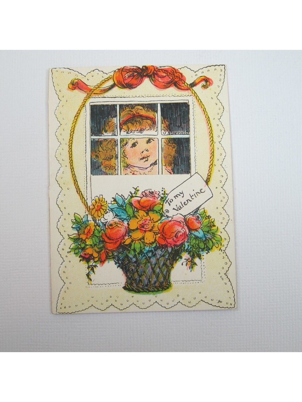 Vintage Valentine Diecut 3D Window Card Blonde Girl Flowers 1920s-30s UNSIGNED